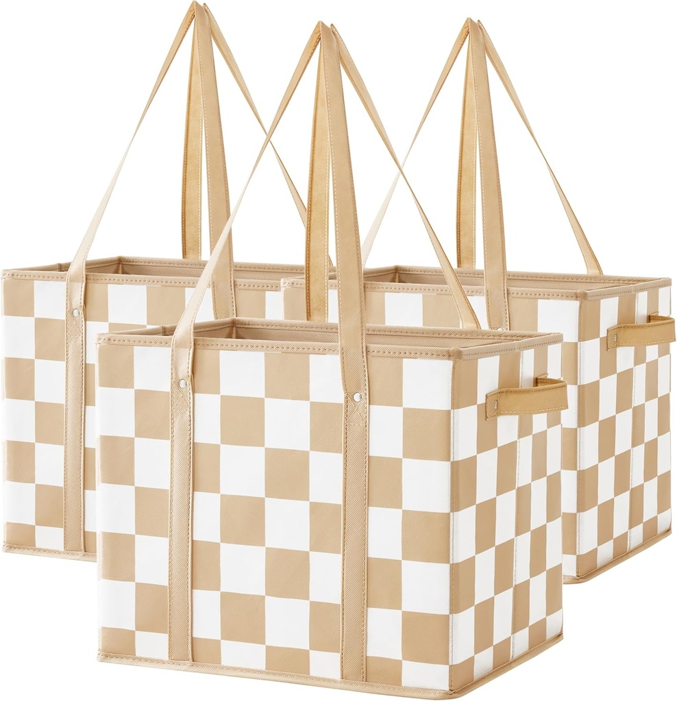 Checkered Reusable Grocery Bags Heavy Duty 3 Pack Foldable Shopping Bags with Handles for Groceries Collapsible Tote