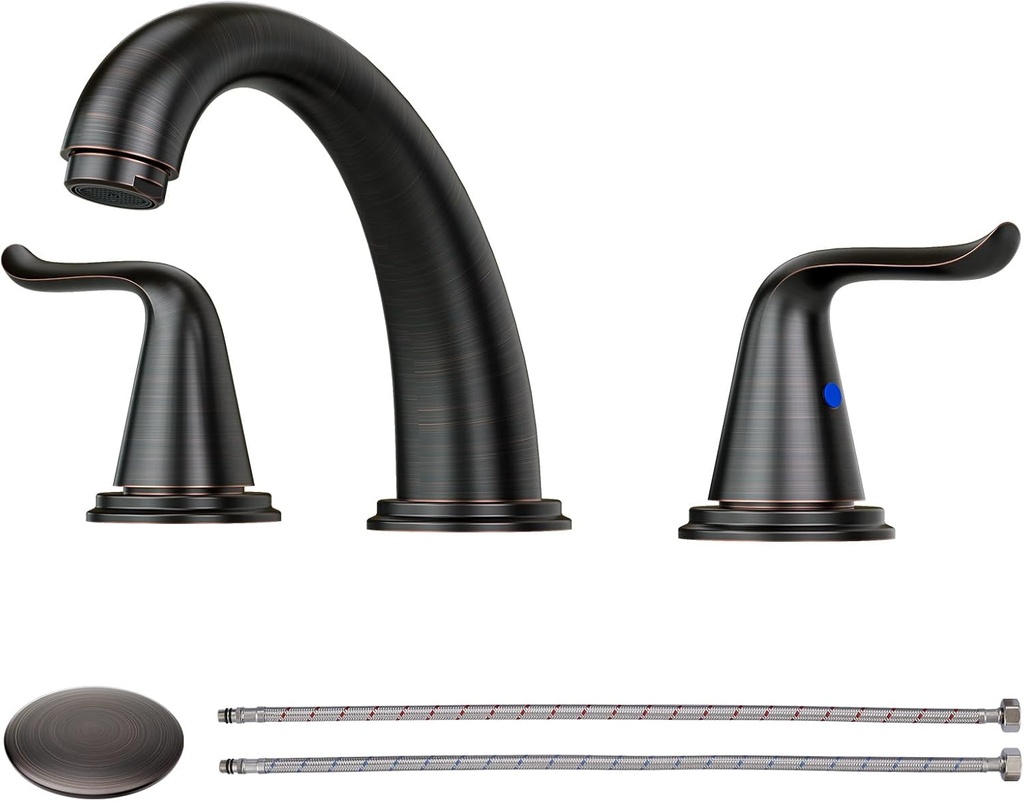 WOWOW Widespread Bathroom Faucet Oiled Rubbed Bronze Bathroom Sink Faucet 3 Hole Vanity Faucets 2 Handle Basin Faucet 8 Inch Mixer Tap with Pop Up Drain and Supply Hose