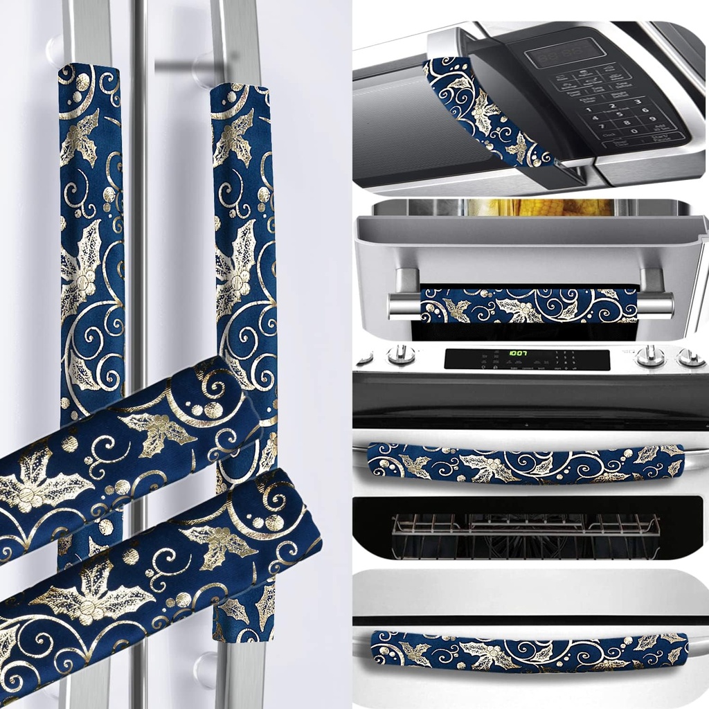 Refrigerator Handle Covers, Set of 6 Washable Light Gold Flowers Cloth Decor Keep Kitchen Appliance Clean for Fridge Microwave Stove Bathroom Catch All Stains Dust Dirty Fingerprint(Navy Blue)