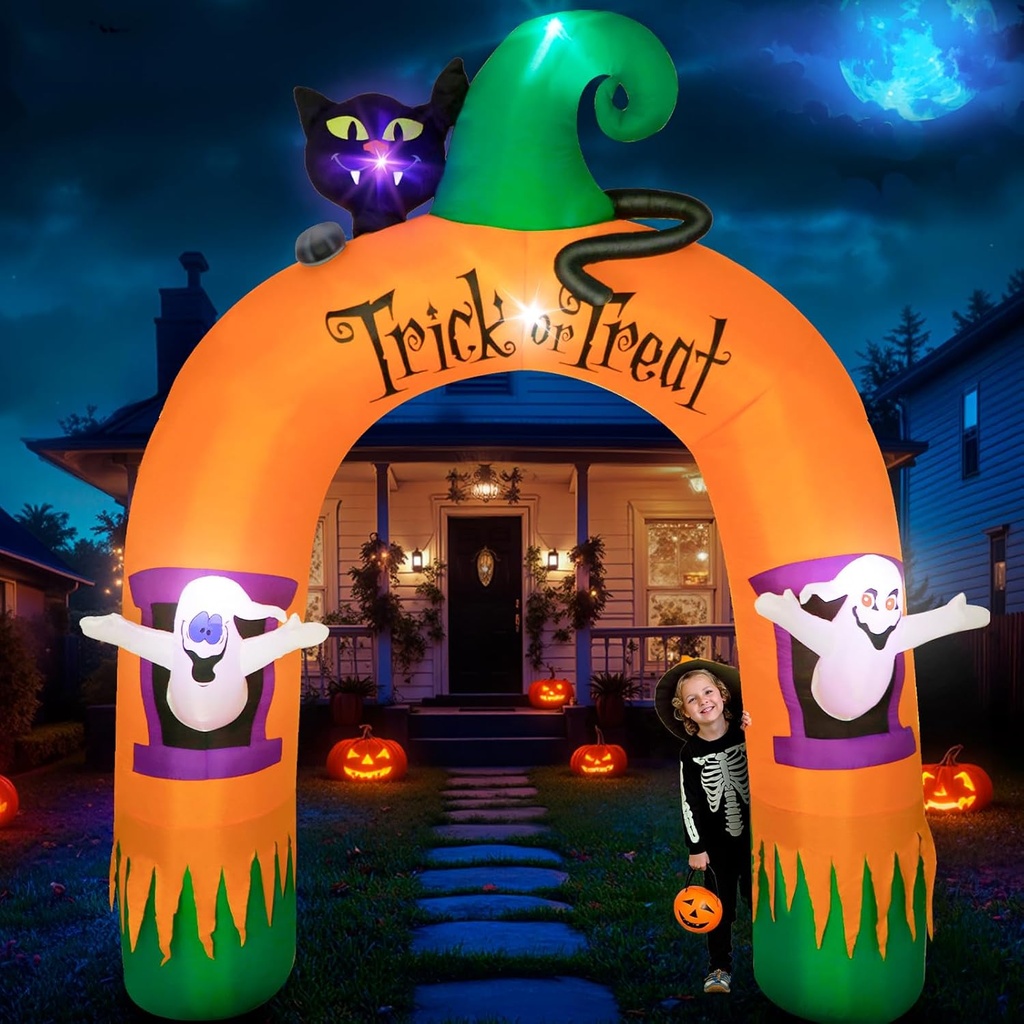 10FT Large Halloween Inflatable Archway Decoration, Halloween Blow Up Lighted Archway with Ghost & Black Cat & Cornucopia, Trick & Treat Yard Garden Patio Lawn Outside Decor
