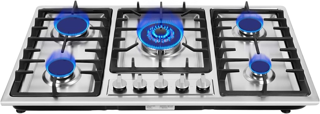 Stainless Steel 5 Burners Stove Top Built-In Gas Propane Cooktop Stove,3KW+2.75KW+1.75KW+1.75KW+1KW Burners, Pulse Ignition, for Home & Commercial Kitchens, Natural Gas