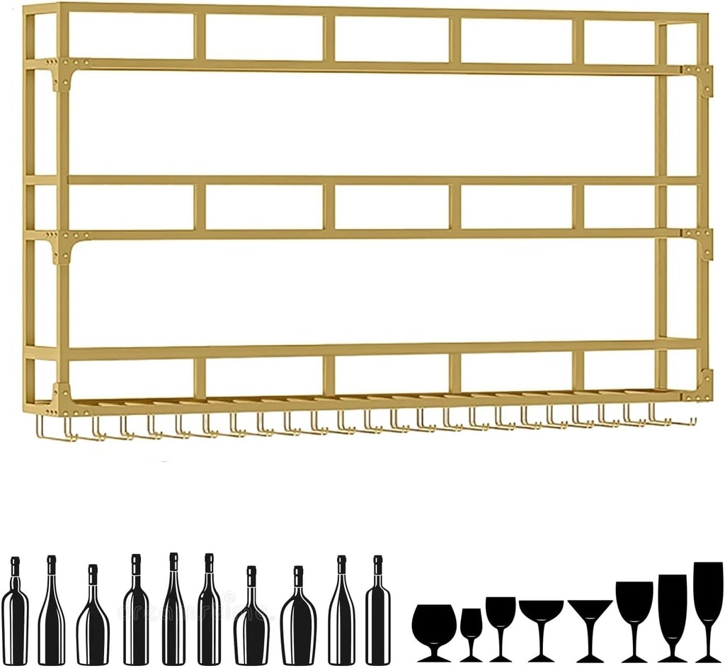 3 Tier Metal Wine Rack Wall Mounted with Glass Holder Floating Bar Shelves for Liquor Bottles and Wine Glasses Hanging Bar Shelf for Kitchen or Wine Cellar Gold Finish