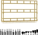 3 Tier Metal Wine Rack Wall Mounted with Glass Holder Floating Bar Shelves for Liquor Bottles and Wine Glasses Hanging Bar Shelf for Kitchen or Wine Cellar Gold Finish