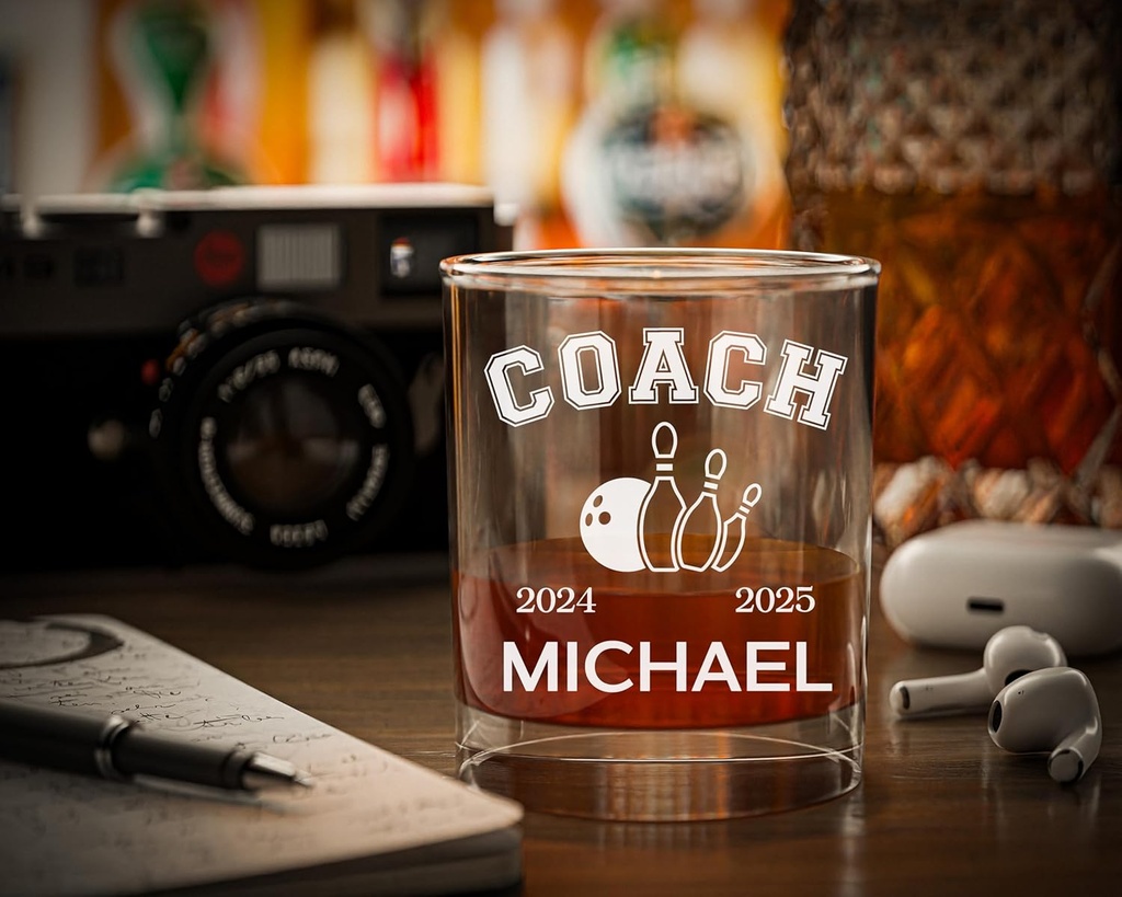 Custom Bowling Coach Gift, Laser Engraved Whiskey Glass for Bowling Coach Rock Glass, Personalized Name and Years, Great Retirement Gift For End Of Season From Team