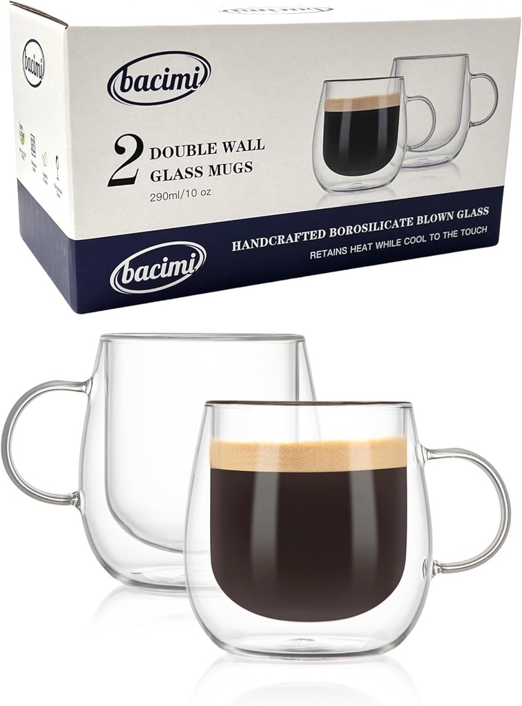 Bacimi® Double Wall Insulated Coffee Mugs (Set of 2 / 10oz) - Clear Borosilicate Mug with Handle - Thermal Drinking Cups for Espresso, Cappuccino, Latte, Tea, Hot Beverage, Microwave Safe