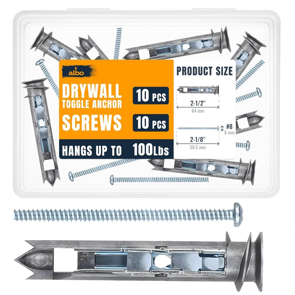 ALBO EZ Self-Drilling Drywall Toggle Anchors Kit – Heavy Duty Metal Anchors with Screws (10 Pack) – Holds Up to 100 lbs – Perfect Toggle Bolts for Drywall & Hollow Walls