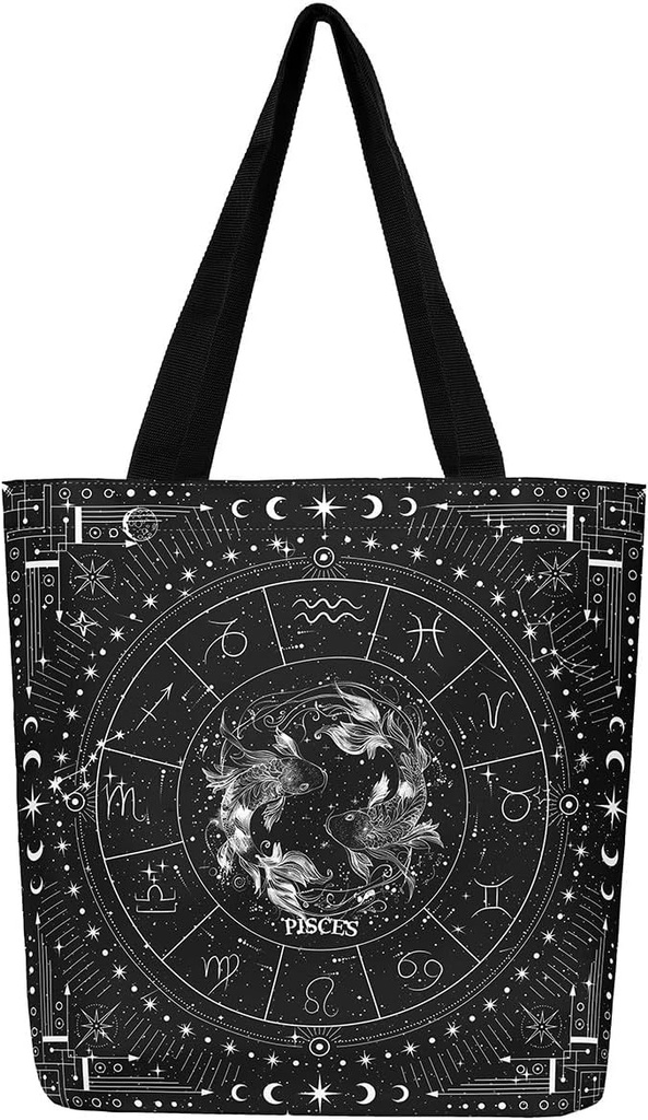 Feelyou Zodiac Canvas Tote Bags ARIES Large Capacity Shoulder Handbags Moon Star Travel Beach Bag