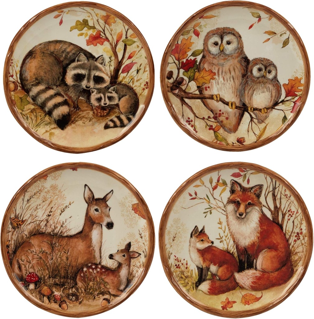 Pine Forest 6" Ceramic Canape/Luncheon Plates, Set of 4 – Woodland Animal Autumn Dishware Featuring Owl, Fox, Deer & Raccoon – Perfect for Appetizers, Desserts, Snacks & Fall Entertaining