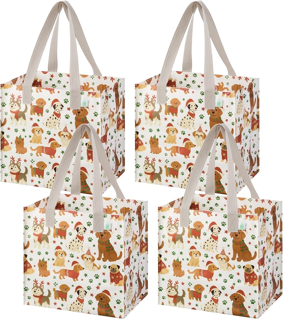 VENO 4 Pack Christmas Reusable Grocery Bags, Heavy-Duty Shopping Bags with Handles, for Shopping Cart with Hard Bottom to Stand Upright, Foldable (Holiday Pups, 4 Pack)