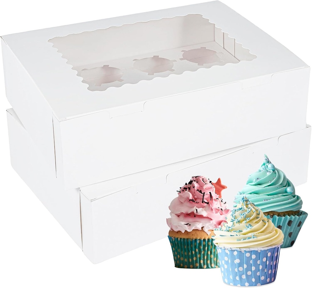 12Pcs Paper Cupcake Boxes Paper Cupcake Container with Clear Window 12 Cavity Muffin Cupcake Box Paper Bakery Cake Box Cupcake Holder for Muffins Cupcakes Pastries 32.5x25x9cm(White)