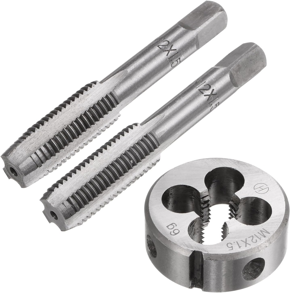uxcell 3pcs Metric Hand Tap & Die Set, M12 x 1.5 Taper/Bottom Thread Taps + Round Die, Tap and Die Kit Hand Threading Tapping Tools for Repair