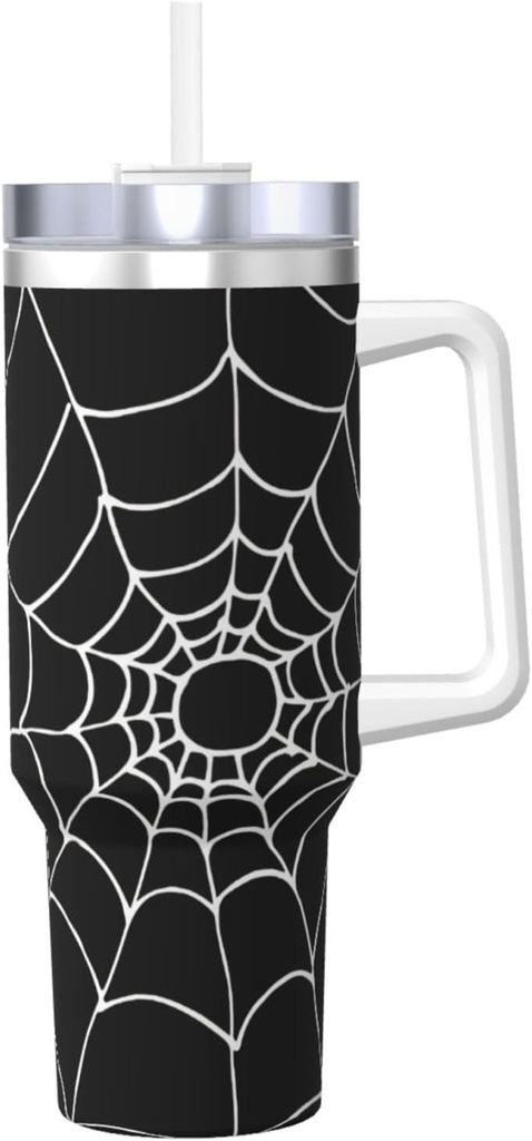 Halloween Black And White Spiders Web Cobweb Brushed 40 Oz Tumbler With Handle And Straw Lid, Insulated Reusable Stainless Steel Travel Mug Iced Tea Or Coffee, Smoothie And More