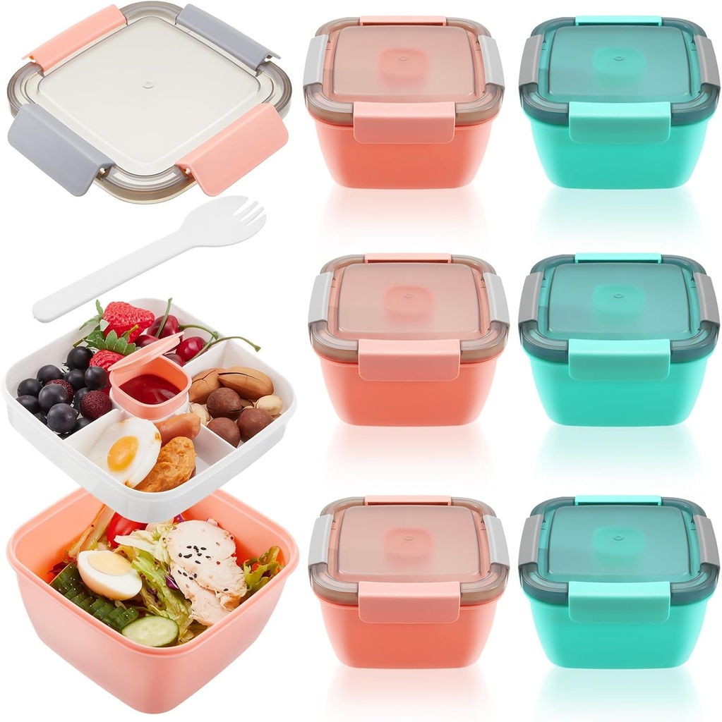 Tessco for you 6 Pcs Salad Lunch Container 50 oz Salad Container with 3 Compartment Reusable Bento Box for Adults Stackable Lunch Bowl for Meal Snack Fruit (Pink,Green)