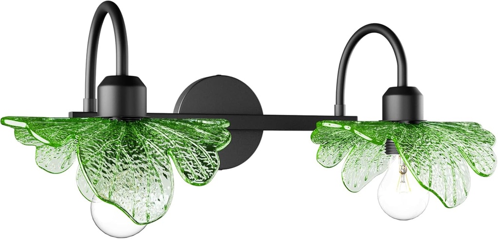 2 Light Vintage Wall Sconces with Glass Shades,Vanity Light,Bathroom Light,Wall Lighting Fixture for Mirror,Home Decor Art Wall Light (Black+Green, 2-Lights)