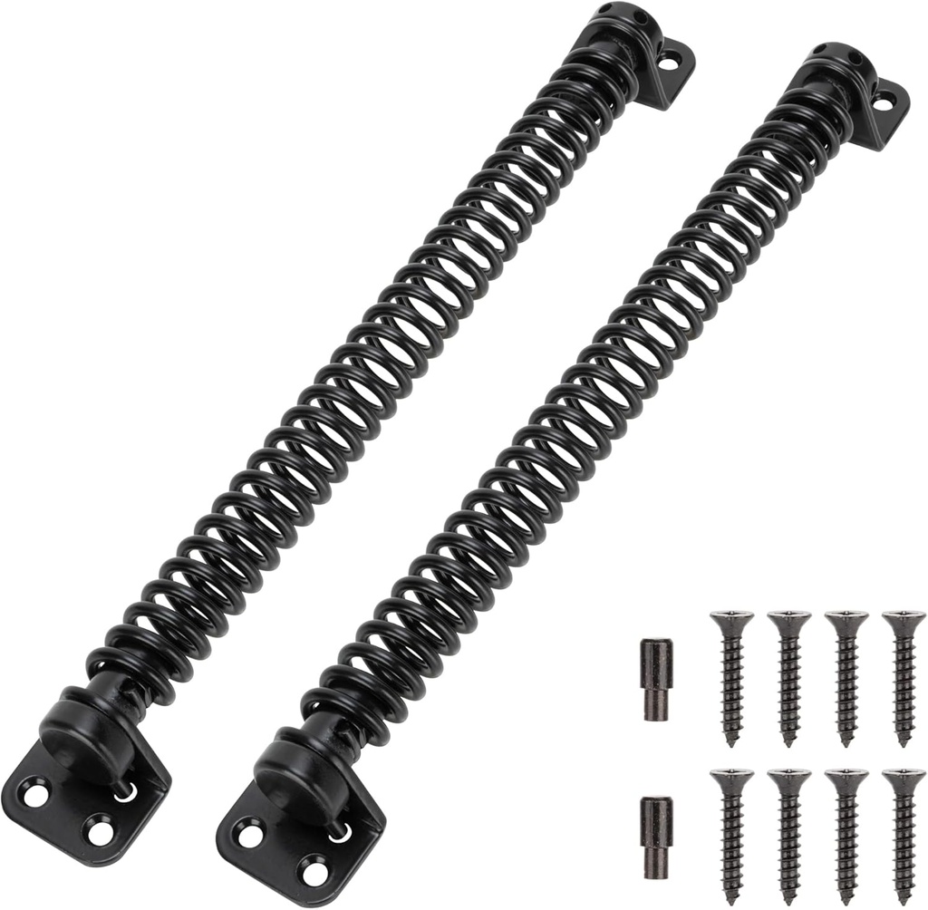 11-1/2" Gate Spring Self Closing Heavy Duty Outdoor Door Spring Automatic Metal Gate Closure Hardware with Adjustable Tool for Wooden and Vinyl Fence, Black, 2 Pcs
