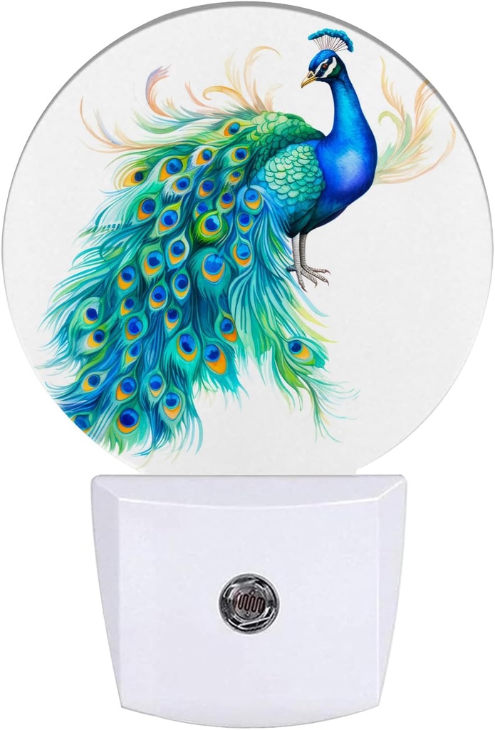 Watercolor Peacock Night Light Feather Night Lights LED Lamp Round Plug into Wall Nightlight with Dusk to Dawn Sensor Home Hallway Stairway Kitchen Decor