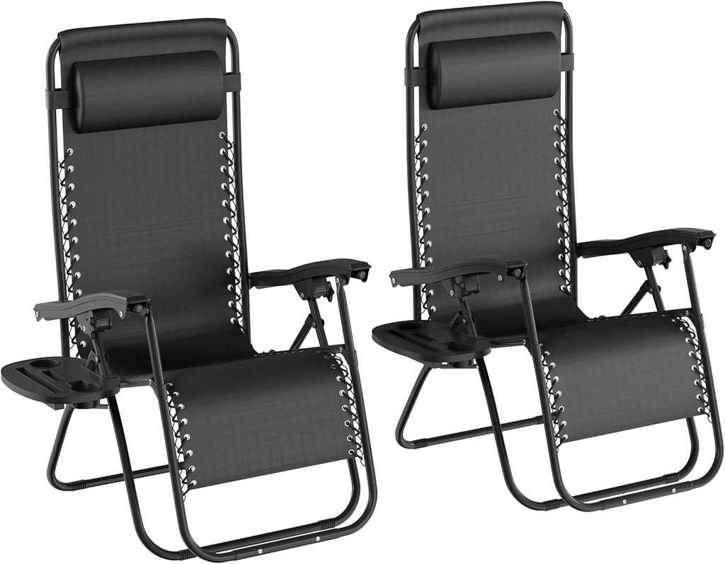 Lavish Home Set of 2 Zero-Gravity Chairs - Folding Patio Furniture - Outdoor Recliners with Side Table, Cup/Phone Holder, and Chair Pillow (Black)