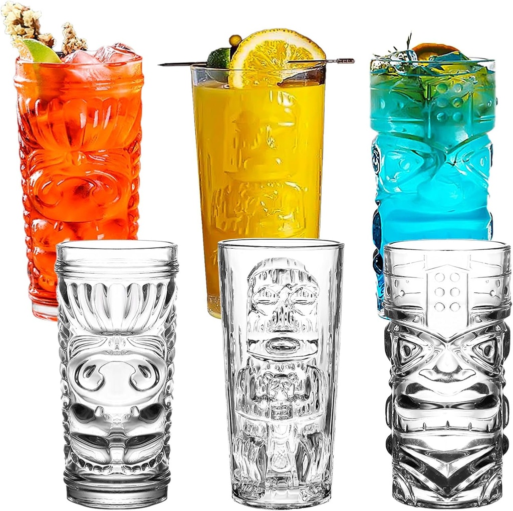 Tiki Glasses Set of 6 - 14 Oz Highball Glasses for Cocktails - Modern Clear Tropical Cups Tumbler Set - Mixed Drinking Glass for Hawaiian Bar Island Party Beverages Iced Tea