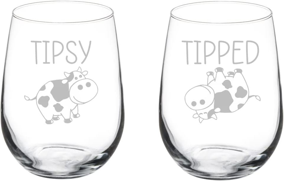 MIP Set of 2 Wine Glass Goblet Tipsy Tipped Cow Funny Gift (17 oz Stemless)