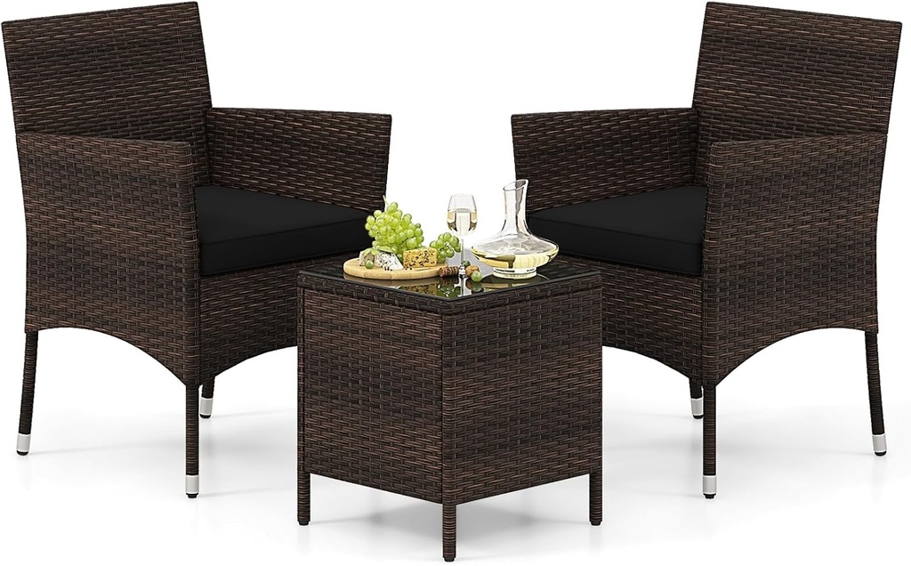Tangkula 3 Pieces Patio Rattan Furniture Set, Outdoor Conversation Set with PE Wicker Armchairs, Tempered Glass Top Coffee Table, Soft Removable Cushions, for Porch Garden Yard Balcony (Black)