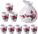 Sake Cup Set*9 Pieces Sake Set, Hand Painted Red Plum Blossom Pattern Traditional Retro Ceramics Sake Cup Set, with 1 Sake Pot and 8 Sake Cups, Elegant Design Best Gift for Family and Friends Mugs