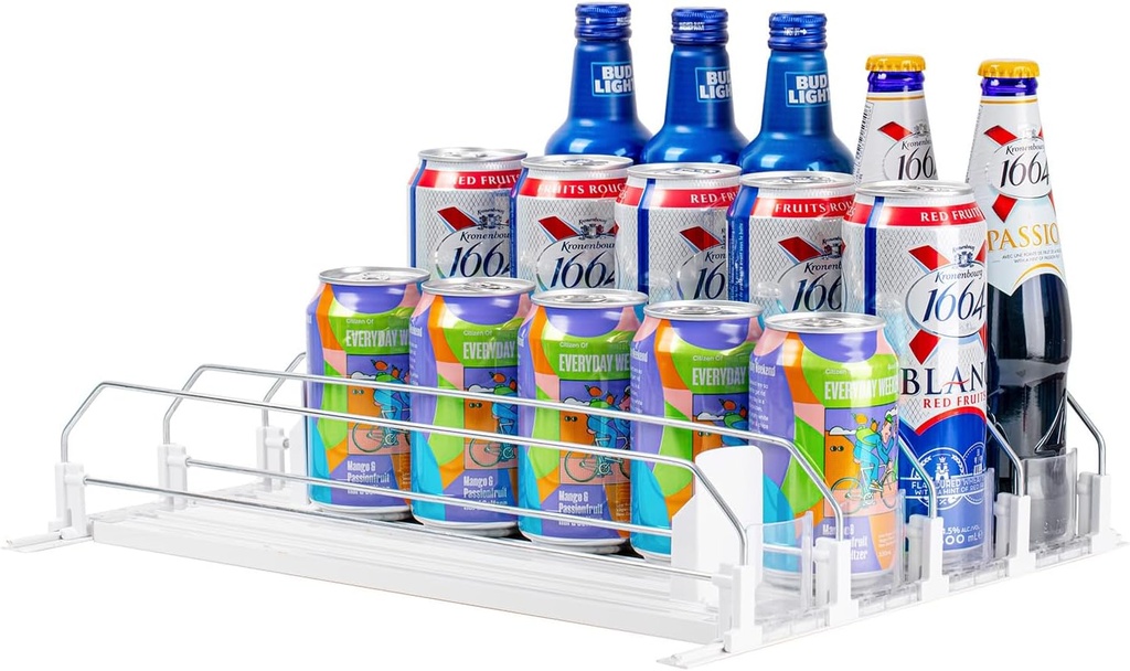 Baraiser Drink Organizer for Fridge, Self-Pushing Soda Can Organizer for Refrigerator, Width Adjustable Pusher Glide, Automatic Drink Dispenser (4 Rows, White)