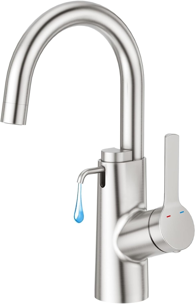 Aktine Bar Faucet with Soap Dispenser, Small Kitchen Faucet, Single Hole Bathroom Faucets, 360° Swivel Stainless Steel Faucets for Wet bar, Prep Sink, Bathroom, Outdoor, RV or Utility Sinks, Brushed