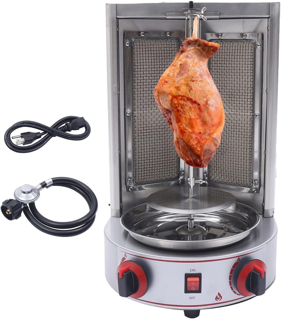 Shawarma Machine Vertical Gas Doner Kebab Gyro Grill Machine Commercial Spinning Broilers Gyro Grill with 2 Burner Temperature Adjustment Switch