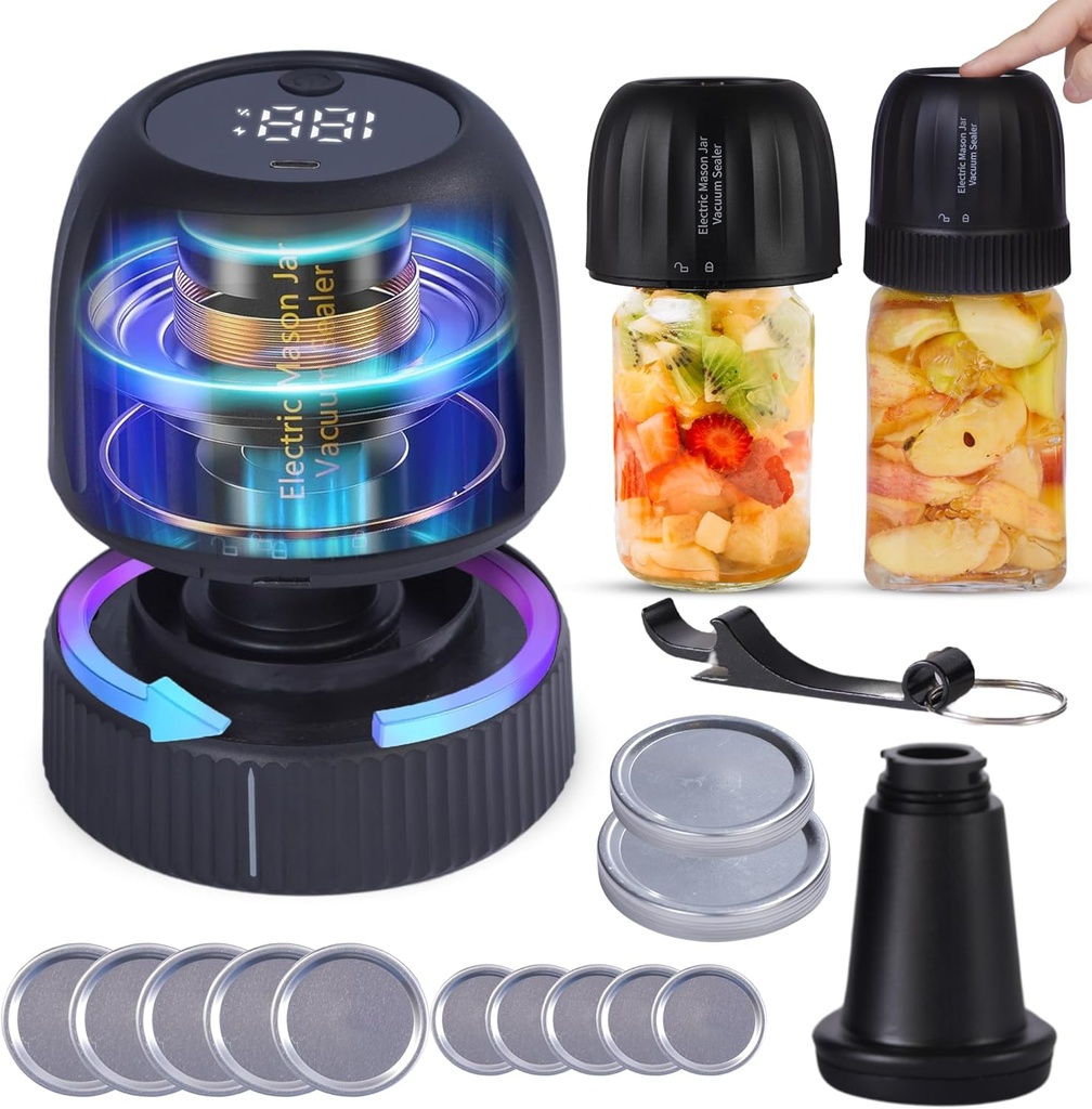 Electric Mason Jar Vacuum Sealer Kit, 3-in-1 Strong Suction, Handheld Rechargeable Sealer for Wide and Regular Mouth Jars, Vacuum Bags, Food Storage, Canning (Black)