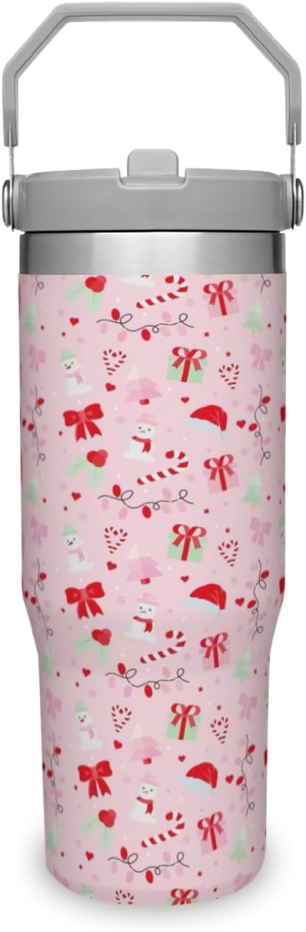 30 oz Christmas Pink Bow Design Flip Tumbler with lid and Straw,Holiday Leak Proof Coffee Travel Mug Cup Water Botter,Christmas Stuff Decor Accessories, Gifts for Women,Men(Style-02)