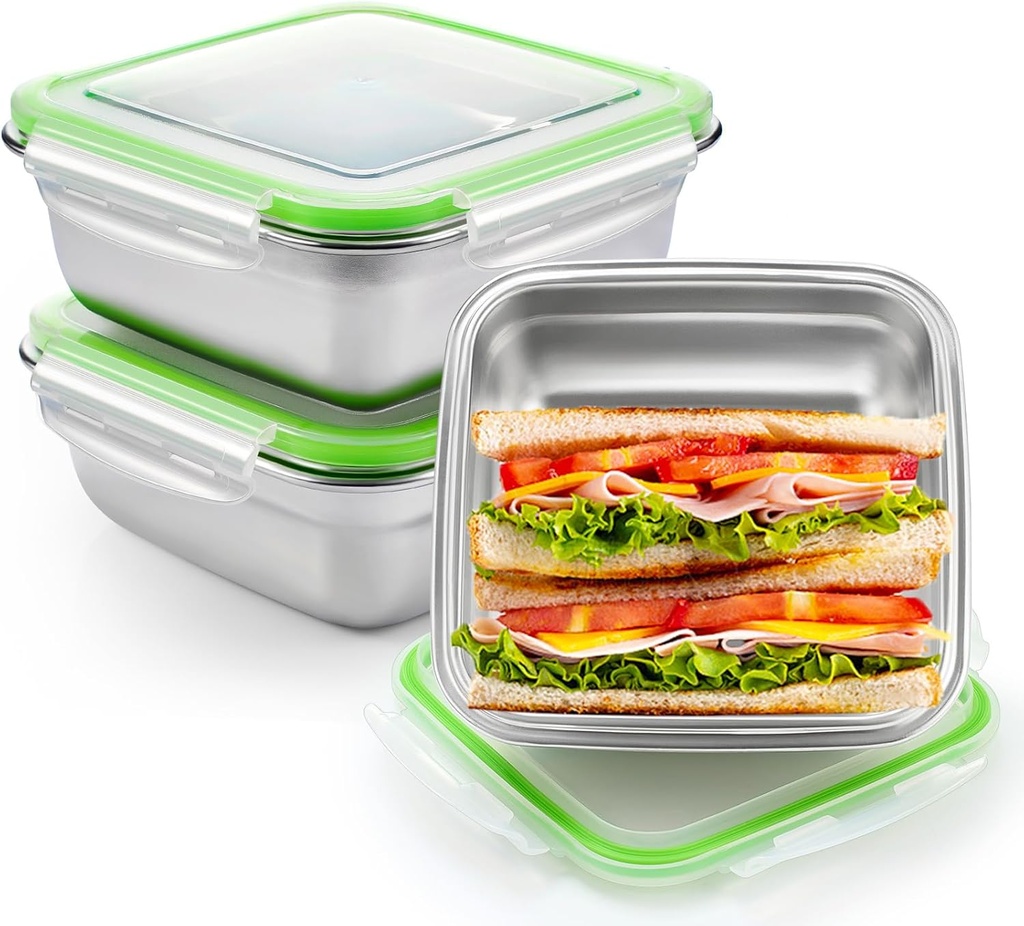 2 Pack Stainless Steel Sandwich Containers with Lids 25. 4 oz Metal Food Container for Lunch Boxes with Airtight Silicone Seal for Sandwiches and Snacks