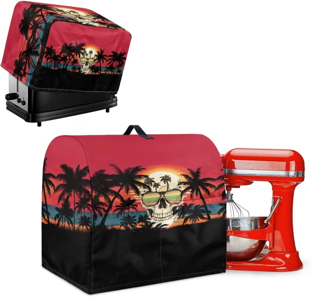 Tropical Skull Sunset Small Appliance Dust Cover Sets Palm Trees Waffles Maker Oven Dust Cover Mixer Protector with Top Handle Stain Resistant