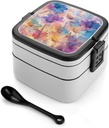 Blur Effect Flowers Bento Box - Double Layer, Leakproof Food Containers with Partition & Spoon, Stackable Lunch Box for Office, Travel, Camping