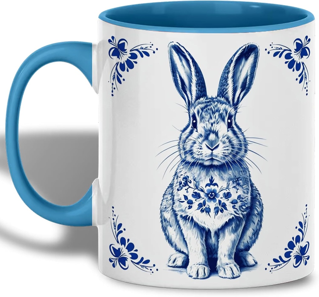 Dutch Delft Blue Bunny Mug, Vintage Rabbit Coffee Mug, Floral Easter Tea Cup, Traditional Ceramic Drinkware, Festive Spring Gift, 11oz Blue and White Coffee Cup for Home, Kitchen and Office