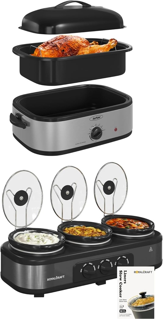 Sunvivi 14-Quart Electric Roaster Oven with Self-Basting Lid And Slow Cooker with 10 Cooking Liners,Turkey Roaster Oven with Removable Pan and RackTriple Slow Cooker Buffet Server 3 Pot Food Warmer.