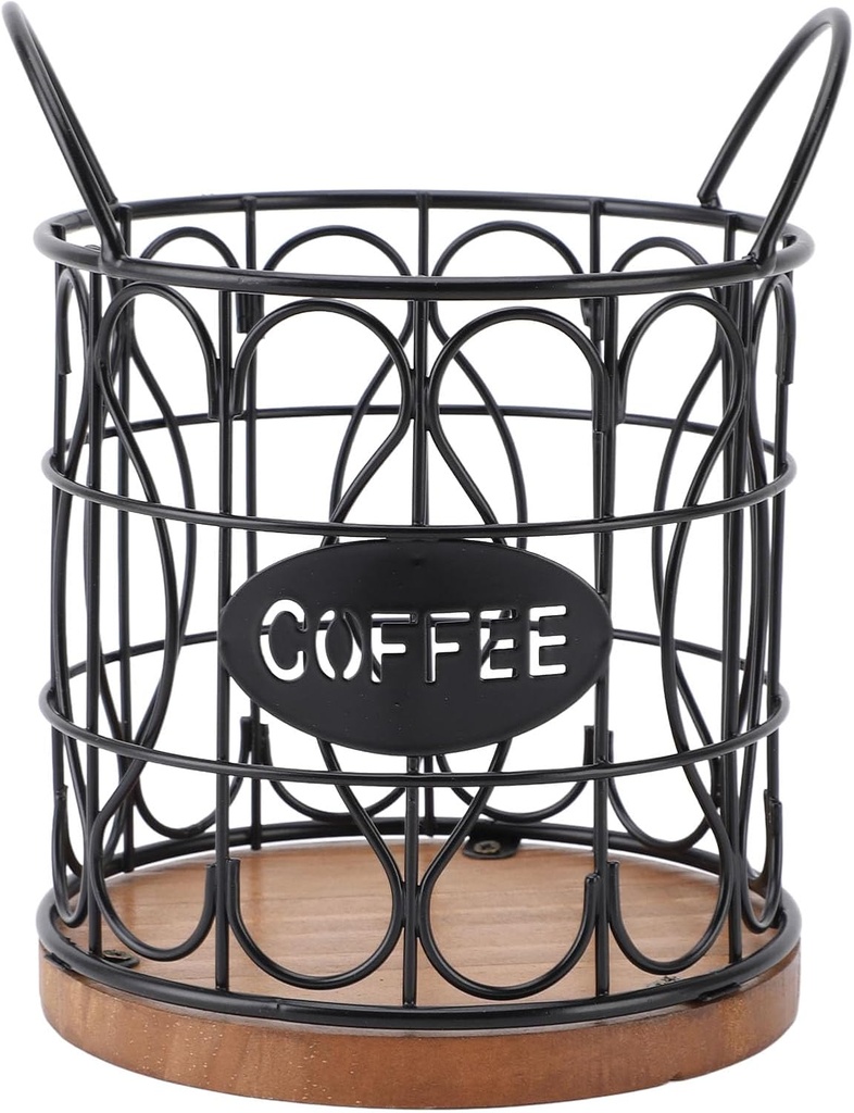 Coffee Pod Basket Decorative Round Wire Coffee Capsule Holder with Wooden Base for Cafe Kitchen Countertop (Black)