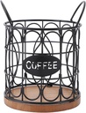 Coffee Pod Basket Decorative Round Wire Coffee Capsule Holder with Wooden Base for Cafe Kitchen Countertop (Black)