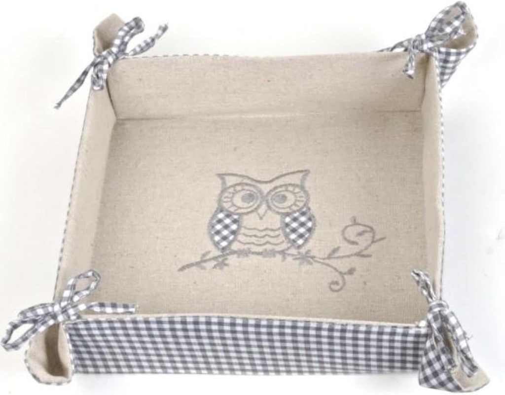 Blue and White Checks with Owl On Beige Bread Basket