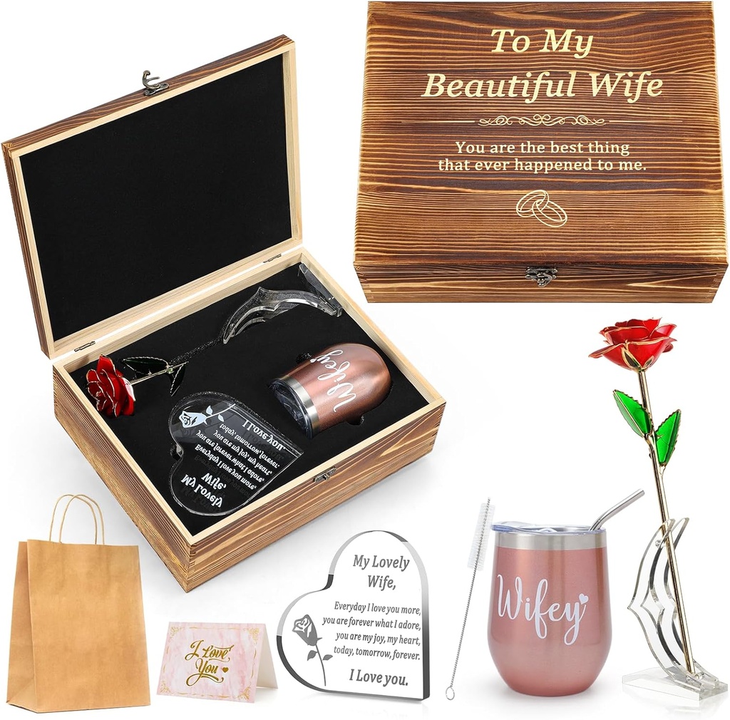 Anniversary Gi fts for Her| Wife, Wife Gift Set with Crystal Engraved Heart, 24K Gold Dipped Rose, Wine Tumbler, Wife Gifts for Anniversary & Birthday