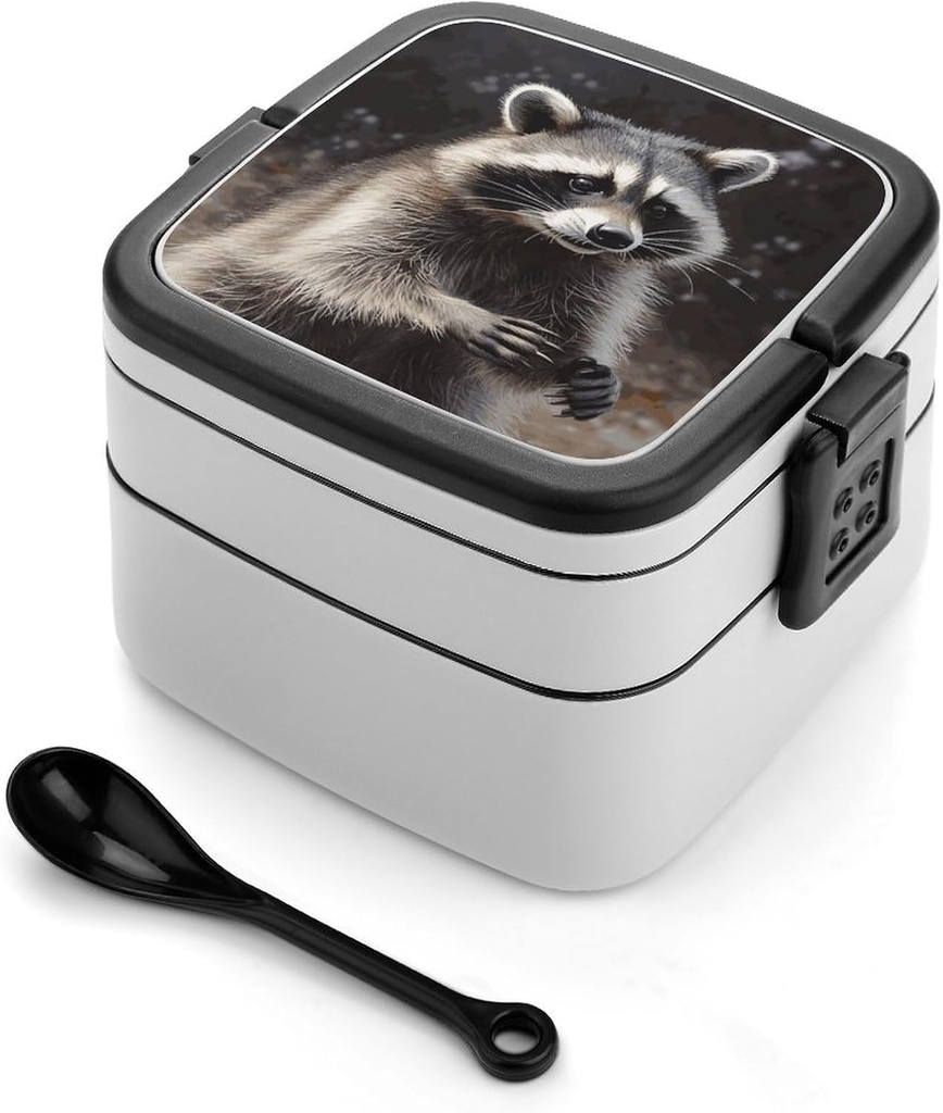 Raccoon Bento Box with Spoon, 2-layer Stackable Lunch Box Leak Proof with Invisible Handle, Insulated Food Storage for Office, Picnic & Travel
