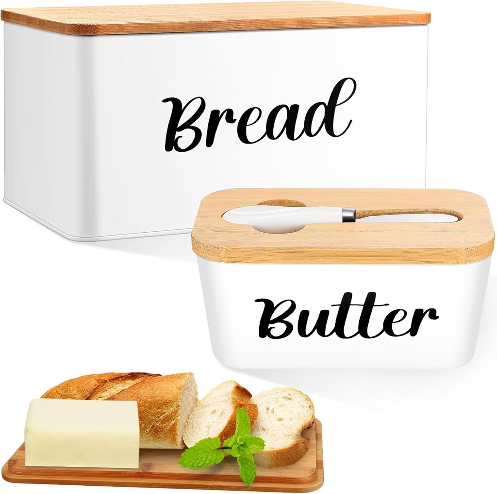 Hushee Metal Bread Box and Butter Dish with Bamboo Cutting Board Lid and Knife Bread Storage Container Breadbox for Kitchen Counter Butter Organizer for Kitchen Countertop Decoration(White)