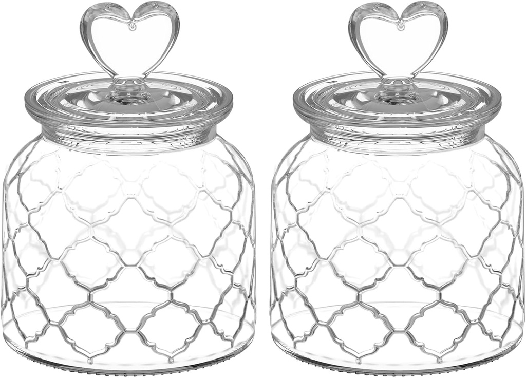 22 oz Clear Glass Canister with Cute Heart shaped Lids Set, Food Storage Glass Jars with Airtight Lids for Kitchen and Dining Room, Grid/Set of 2