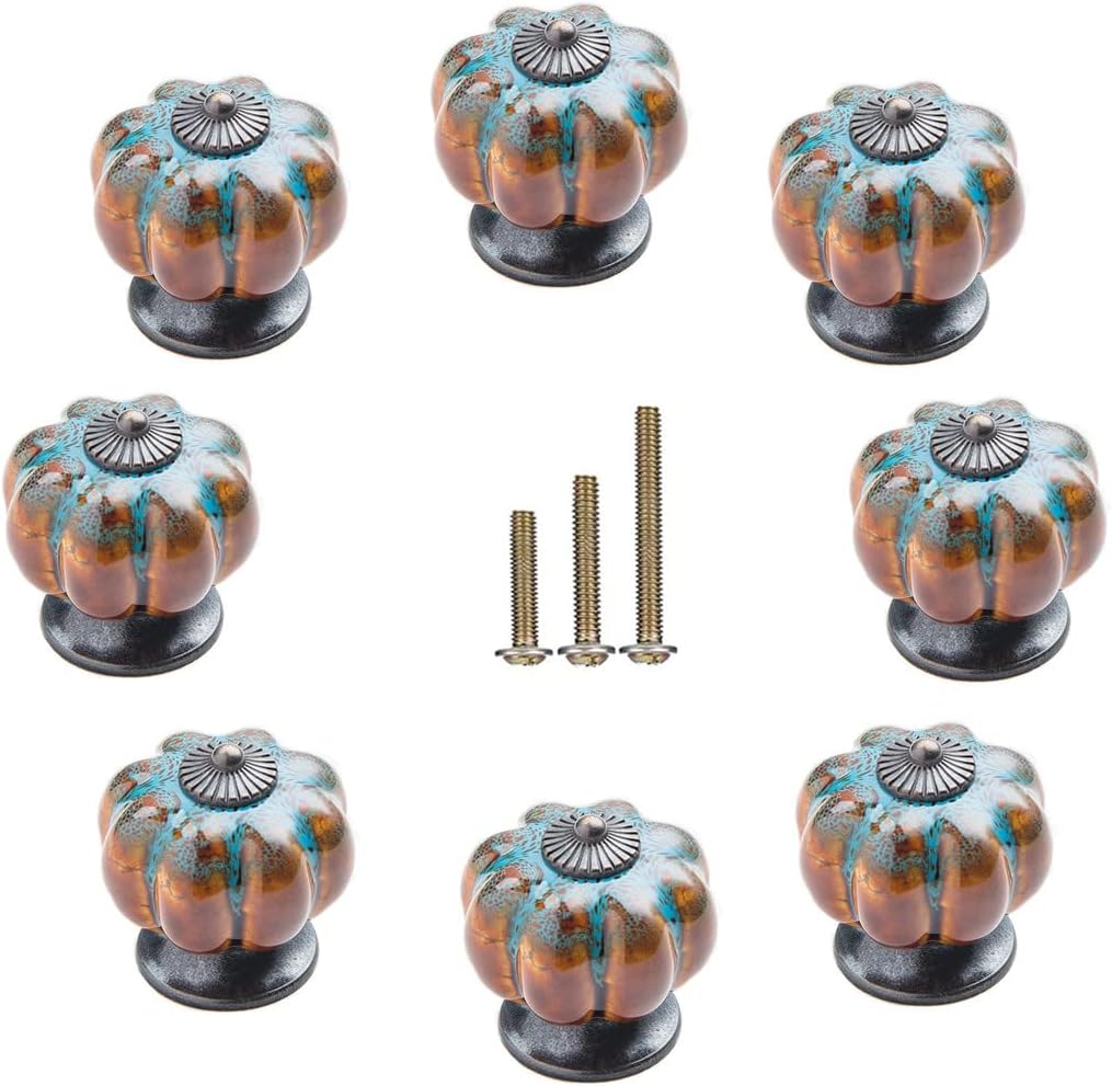 8 Pack Vintage Ceramic Pumpkin Cabinet Knobs, Kitchen Cabinet Drawers Dresser Cupboard Pull Handles Door Pulls with 3 Kinds of Screws