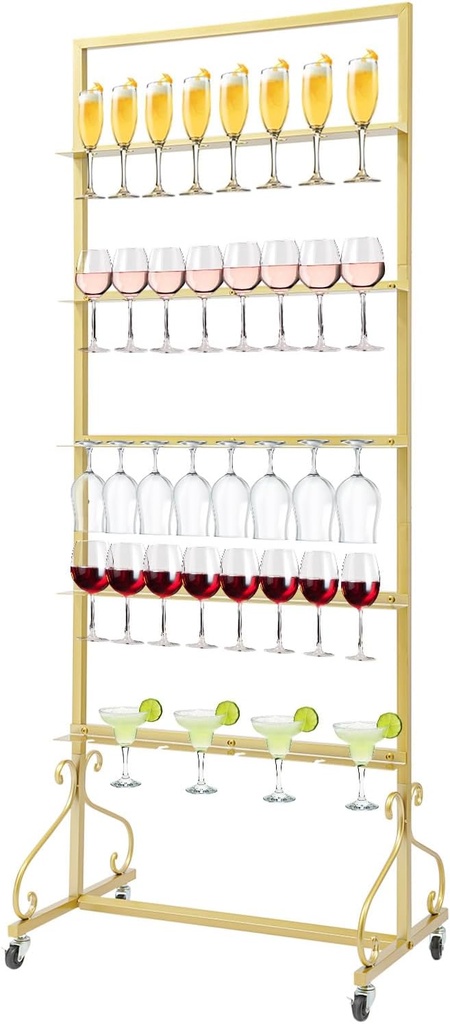 5-Tier Champagne Wall Holder with Wheels, Floor Standing Iron Champagne Tower Stand, Hold 40 Wine Glasses, Champagne Glass Display Rack Shelf, Champagne Flute Holder for Wedding Party, Gold