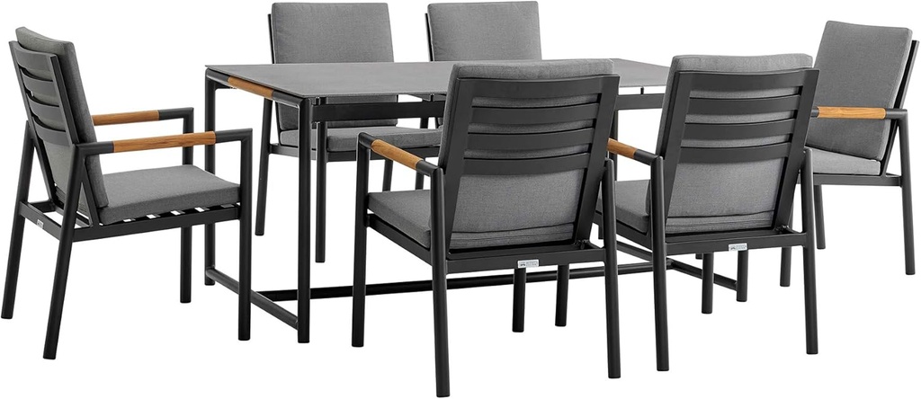 Armen Living Royal 7 Piece Black Aluminum and Teak Outdoor Dining Set with Dark Gray Fabric