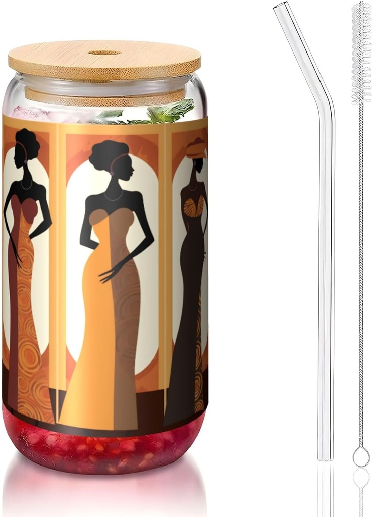 African Black Women 16 Oz Ice Tea Glass Cup, Beautiful Girls Drinking Glasses with Bamboo Lids & Glass Straws for Coffee Tea Cocktail Whiskey Soda