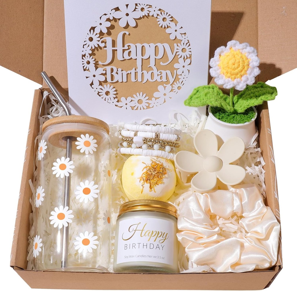 Birthday Gifts For Women, Teen Girl, Her, Happy Birthday Gift Box For Girl, Daughter, Women, Sister,Friends, Cute Daisy Aesthetic Glass Cups Gift Set 8pcs