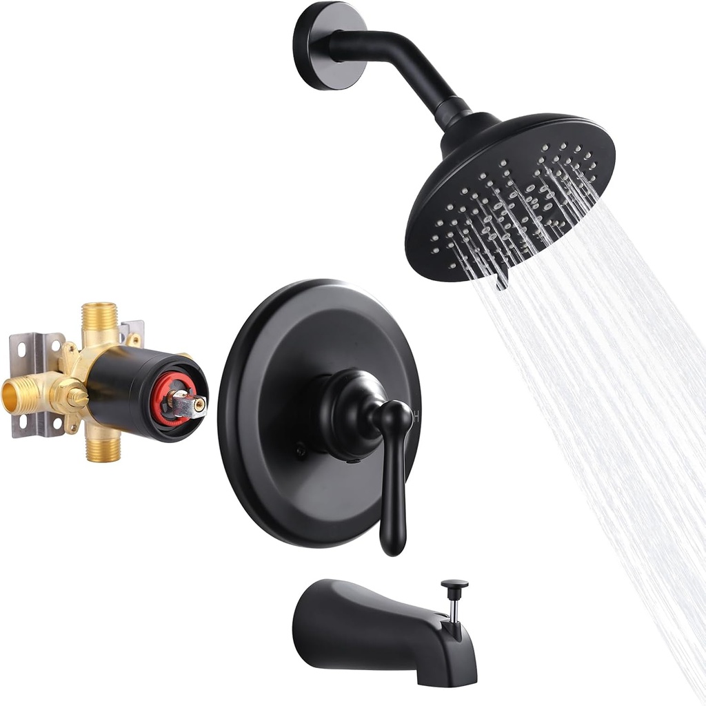 Shower Faucet Set Matte Black: ARCORA Bathtub Faucet Set with 6-Inch Rain Showerhead and Tub Spout, Single-Handle Tub and Shower Trim Kit (Valve Included)