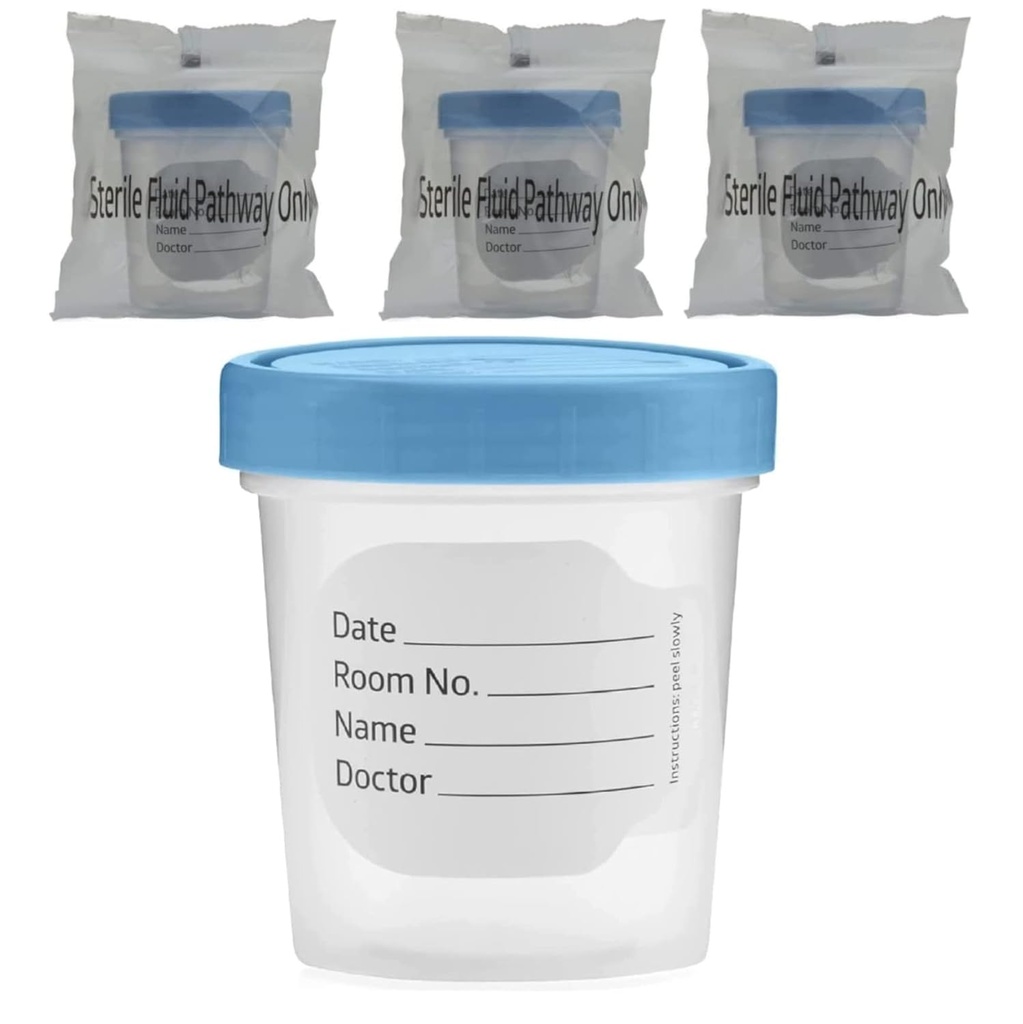 Vakly Sterile Specimen Cups Individually Bagged with Lids [3 Count] 4 oz Clear Urine Collection Cup - Leak Proof Screw On Covers - 4.5 Compacity Specimens Jars – Safe Pee, Stool, Semen Sample Testing