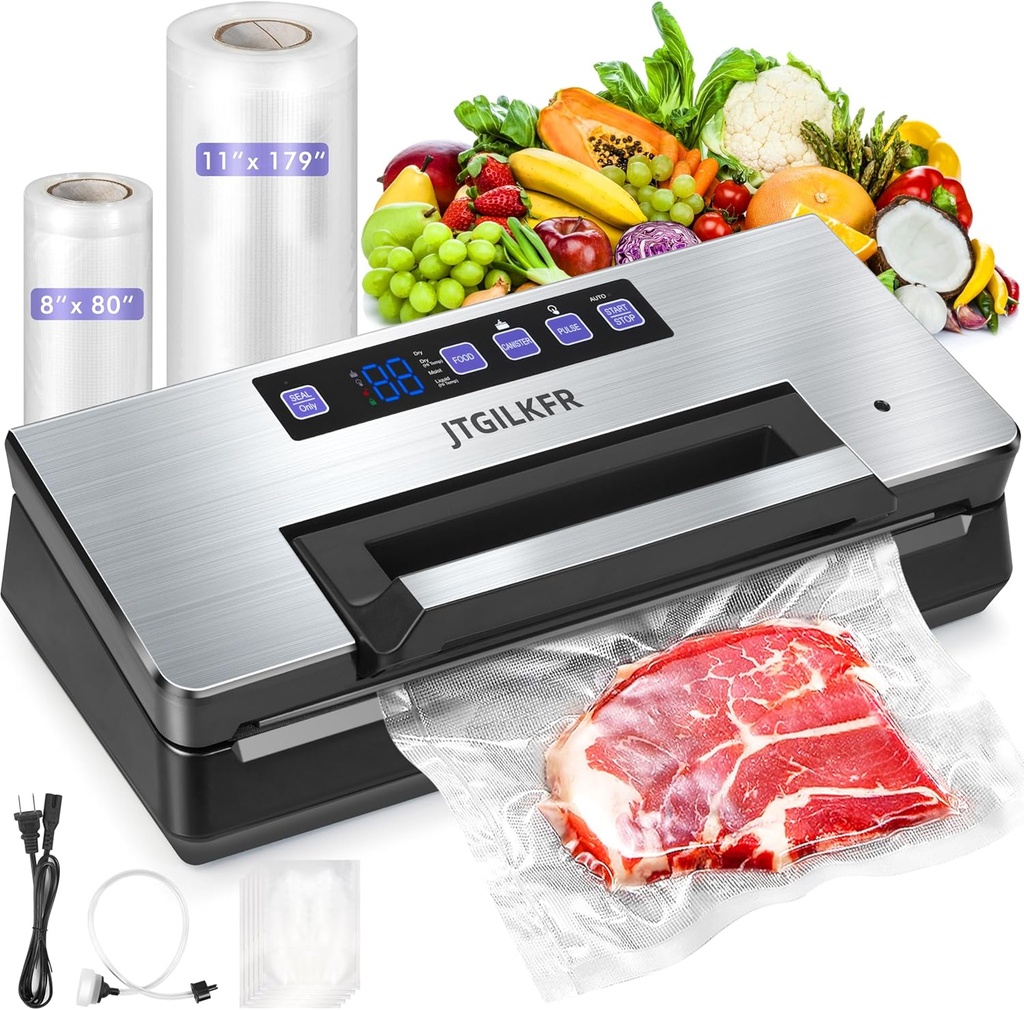Vacuum Sealer - Powerful 95kPa vacuum sealer for food with Built-in Cutter Bag Storage,Easy-Lock Handle Digital Timer,2 Roll and 5 Pre-cut Bags & Hose Every Seal Perfect Freshness Locked In